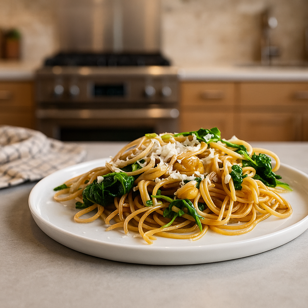 RECETA SPAGHETTI CON ACEITE, AJO Y ESPINACA